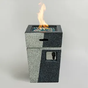 Outdoor Concrete Fire Pit Column Propane Fire Pit Patio Gas Fire Pit - Light Grey / Blue