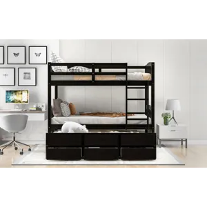 Twin Over Twin Wood Bunk Bed With Trundle And Drawers - Espresso