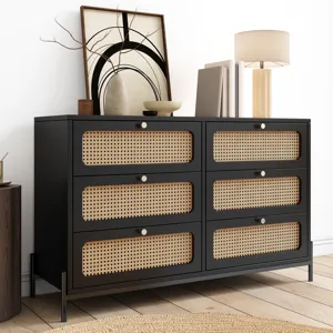 Modern Cannage Rattan Wood Closet 6 Drawer Dresser Wood Storage Cabinet Sideboard For Bedroom, Livin