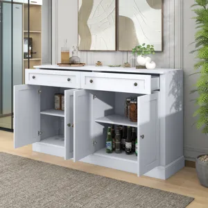 Kitchen Sideboard Storage Buffet Cabinet With 2 Drawers & 4 Doors Adjustable Shelves For Dining Room, Living Room - White