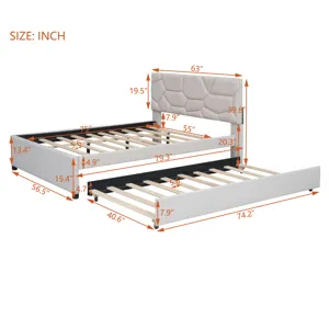 Full Size Upholstered Platform Bed With Brick Pattern Headboard And Twin Size Trundle, Linen - Beige