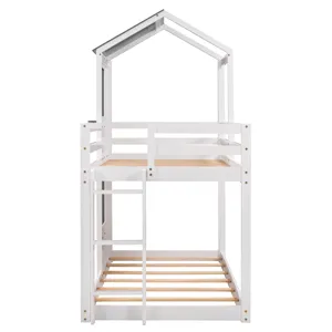 Twin Over Twin Bunk Bed Wood Bed & Roof, Window, Guardrail, Ladder - White