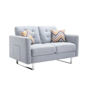 Victoria - Linen Fabric Loveseat With Metal Legs, Side Pockets, And Pillows - Light Gray