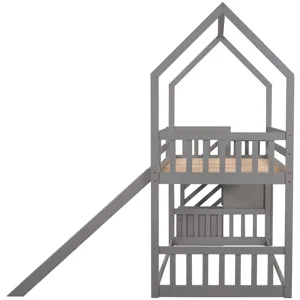 Twin Over Twin House Bunk Bed With Convertible Slide, Storage Staircase Can Be Placed Left Or Right 