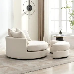 360° Swivel Accent Barrel Chair With Storage Ottoman & 4 Pillows, Modern Chenille Leisure Chair Round Accent For Living Room - Cream