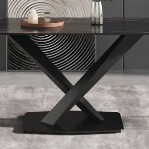 63\" Artificial Stone Black Curved Black Metal Leg Dining Table - Black