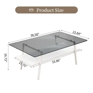 Rectangle Coffee Table, Tempered Glass Tabletop With White Metal Legs, Modern Table For Living Room 