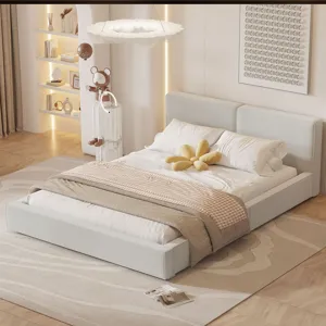 Queen Size Upholstered Platform Bed With , Grounded Bed With Solid Frame - Beige