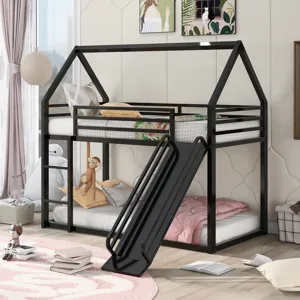 Twin Over Twin House Bunk Bed With Ladder And Slide - Black