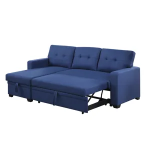 Upholstered Pull Out Sectional Sofa With Chaise - Blue