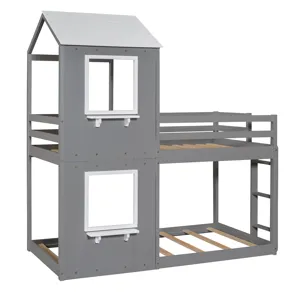 Twin Over Twin Bunk Bed Wood Bed With Roof, Window, Guardrail, Ladder - White