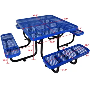 Square Outdoor Steel Picnic Table With Umbrella Pole - Blue