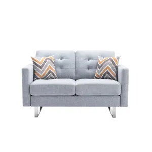 Victoria - Linen Fabric Loveseat With Metal Legs, Side Pockets, And Pillows - Light Gray