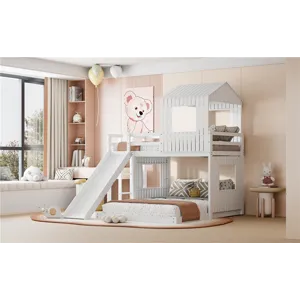 Wooden Twin Over Full Bunk Bed, Loft Bed With Playhouse, Farmhouse, Ladder, Slide And Guardrails - W