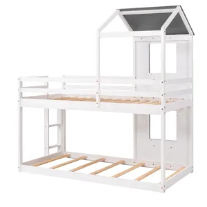 Twin Over Twin Bunk Bed Wood Bed & Roof, Window, Guardrail, Ladder - White