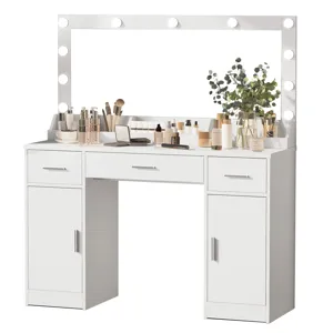 47.2" Vanity Desk With Large Mirror, 3 Colour Lighting Modes, Adjustable Brightness, Dresser With 3 Drawers & 2 Vertical Cabinets, Makeup Vanity Table For Women & Girls - White