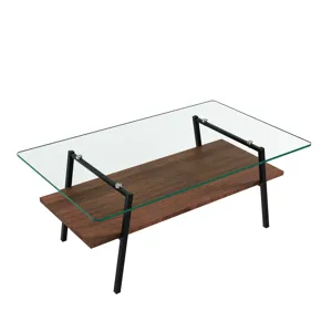 Rectangle Coffee Table, Tempered Glass Tabletop With Metal Legs, Modern Table For Living Room, Trans