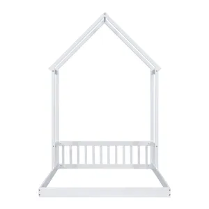 Full Roof-Framed Headboard Floor Bed With Headboard Guardrails - Without Slats White
