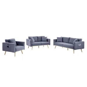 Easton - Linen Fabric Sofa Loveseat Chair Living Room Set With USB Charging Ports Pockets And Pillow