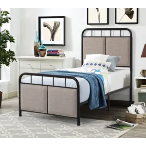 Twin Size Linen Upholstered Platform Metal Bed Frame With Fabric Headboard And Footboard - Brown