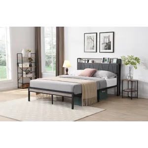 Queen Size Metal Platform Bed Frame With Upholsteryolstery Storage Function Headboard And USB Liner 