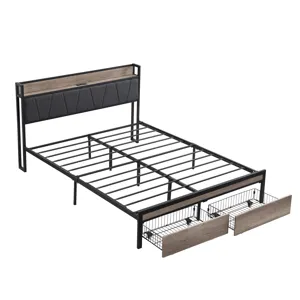 Queen Size Metal Platform Bed Frame With Upholsteryolstery Storage Function Headboard And USB Liner 