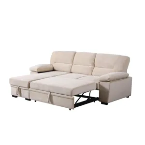 Kipling - Velvet Fabric Reversible Sleeper Sectional Sofa Chaise - Beige