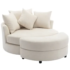 360° Swivel Accent Barrel Chair With Storage Ottoman & 4 Pillows, Modern Chenille Leisure Chair Round Accent For Living Room - Cream