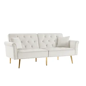 Velvet Tufted Sofa Couch With 2 Pillows And Nailhead Trim - Beige