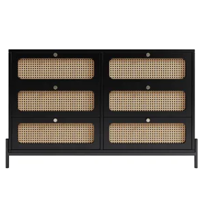 Modern Cannage Rattan Wood Closet 6 Drawer Dresser Wood Storage Cabinet Sideboard For Bedroom, Livin