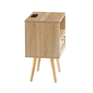 15.75\" Rattan End Table With Power Outlet & USB Ports, Modern Nightstand With Drawer And Solid Wood
