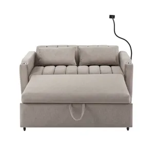 Convertible Sofa Bed Loveseat Sofa With Three USB Ports, Two Side Pockets, Two Cup Holders And 360° 