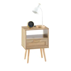 15.75\" Rattan End Table With Power Outlet & USB Ports, Modern Nightstand With Drawer And Solid Wood