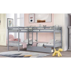 Twin L-Shaped Bunk Bed With Drawers - Gray