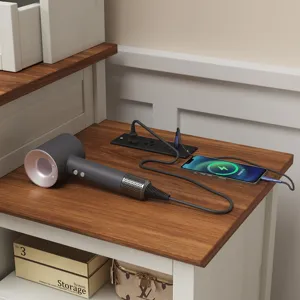 Farmhouse Makeup Vanity Desk With Adjustible LED Lighted Mirror And Charging Station For Bedroom, Dr