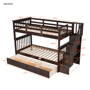 Stairway Twin Over Twin Bunk Bed With Three Drawers For Bedroom, Dorm - Espresso