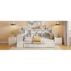 Twin Size Wooden Daybed With 3 Drawers, USB Ports And Desk - White