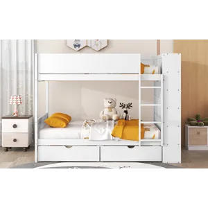 Full Over Full Bunk Bed With 2 Drawers And Multi - Layer Cabinet - White