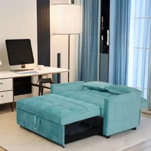 Velvet Two Seater Pull Out Sofa Bed, Adjustable Backrest With Three USB Ports, Two Side Pockets, 3 I