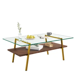 Rectangle Coffee Table, Tempered Glass Tabletop With Gold Metal Legs, Modern Table For Living Room, 