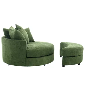 360° Swivel Accent Barrel Chair With Storage Ottoman & 4 Pillows, Modern Chenille Leisure Chair Roun
