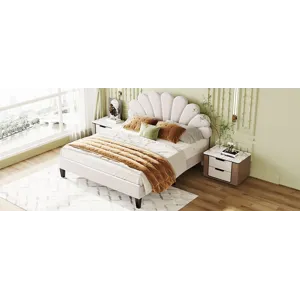 Queen Size Upholstered Platform Bed With Flower Pattern Velvet Headboard - Beige
