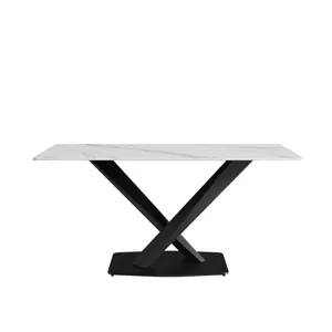 63\" Modern Artificial Stone Straight Edge Metal X-Leg Dining Table, 6 People - White / Black