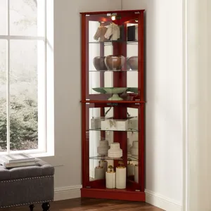 Corner Curio Dispaly Cabinet With Lights, Adjustable Tempered Glass Shelves, Mirrored Back (E26 Ligh