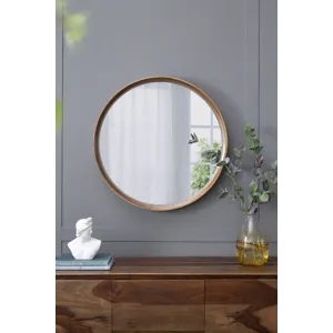 Round Pine Wood Mirror, Wall Mounted Mirror Home Decor For Bathroom Living Room - Brown
