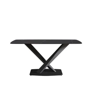 63\" Artificial Stone Black Curved Black Metal Leg Dining Table - Black