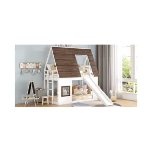 Wood Twin Size House Bunk Bed With Roof, Ladder And Slide - White / Brown