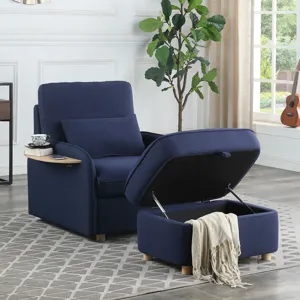 Huckleberry - Linen Accent Chair With Storage Ottoman And Folding Side Table - Blue