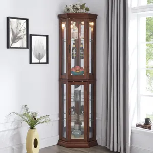 Corner Curio Cabinet With Lights, Adjustable Tempered Glass Shelves, Mirrored Back, Display Cabinet 