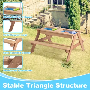 3-In-1 Kids Outdoor Wooden Picnic Table With Umbrella, Convertible Sand & Water, ASTM & CPSIA Certif